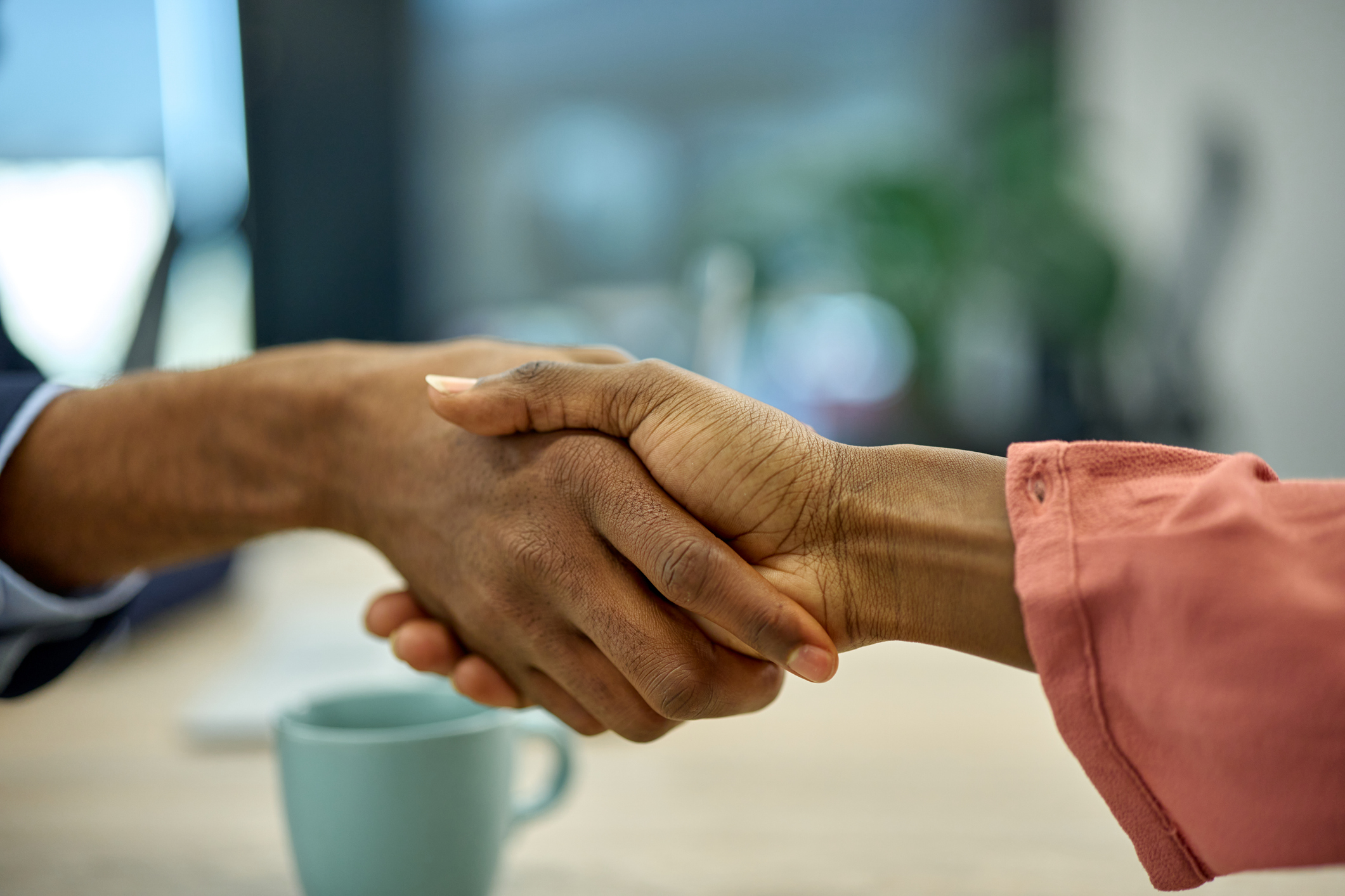 Business partners are shaking hands in an office, signifying a successful agreement, partnership, and trust between diverse adult professionals during a meeting